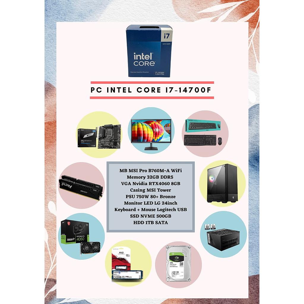 PC Desktop Intel Core i7-14700F/MSI Pro B760M-A Wifi/32GB DDR5/RTX4060 8GB/Casing MSI Tower/PSU 750W Bronze/LG 24inch/Keyboard+Mouse Logitech/SSD 500GB/HDD 1TB SATA