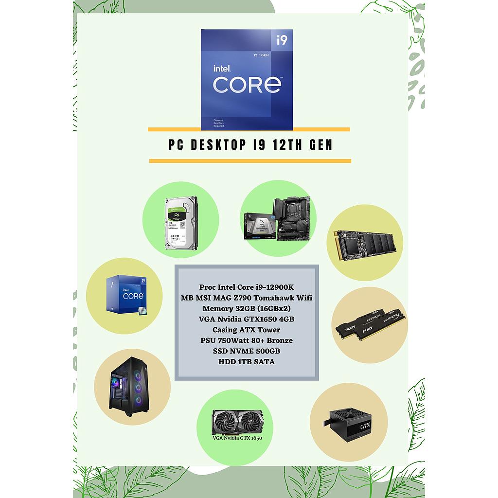 PC Intel Core i9-12900K/MB MAG Z790 Tomahawk Wifi/32GB/VGA Nvidia GTX 1650 4GB/Case Tower/PSU 750Watt 80+ Bronze/SSD NVME 500GB/HDD SATA 1TB