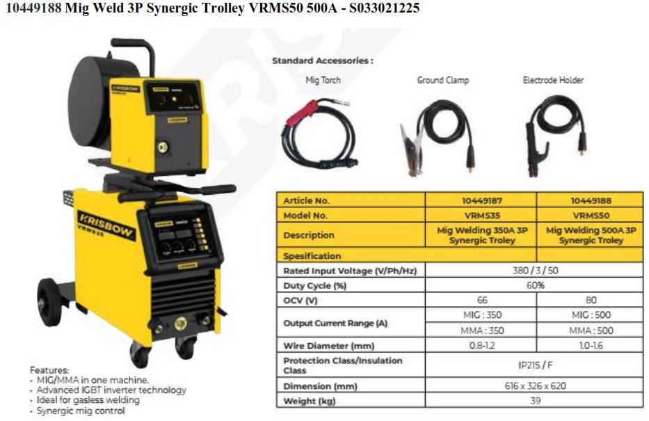 KRISBOW Mig Weld 3P Synergic Trolley VRMS50 500A (N-228)