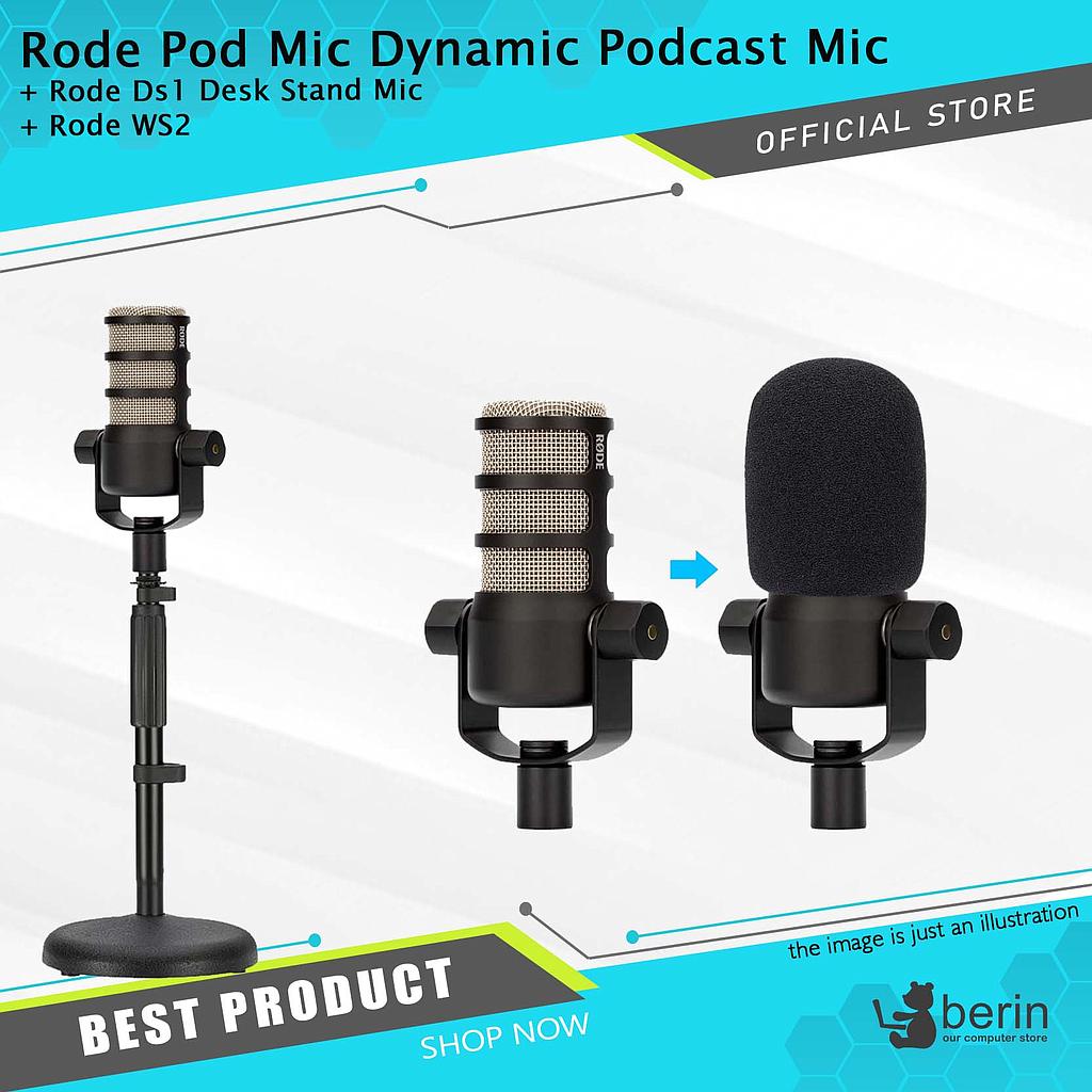 Rode Pod Mic Dynamic Podcast Mic + Rode Ds1 Desk Stand Mic + Rode WS2
