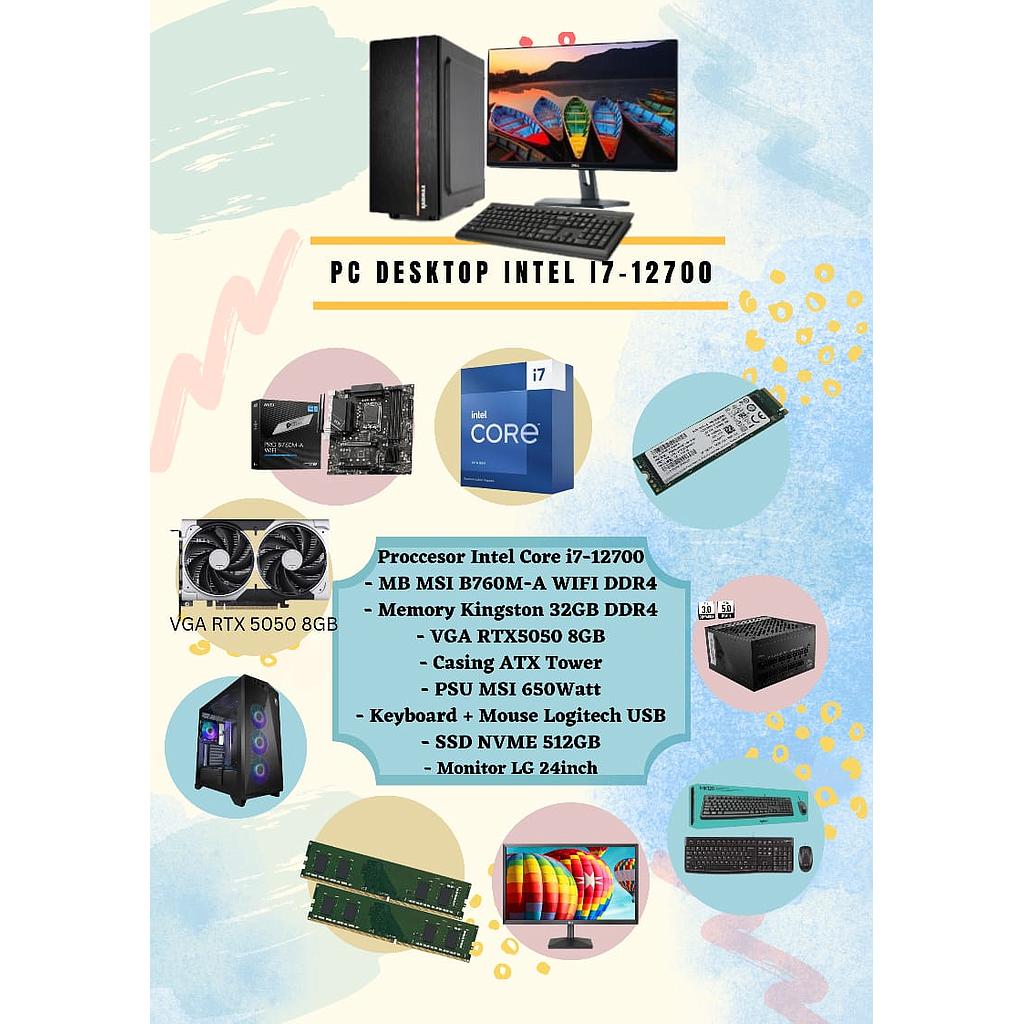 PC Intel Core i7-12700 (MB MSI B760/32GB/512GB/RTX5050 8GB/Casing Tower/PSU 650W/Keyboard+Mouse/Monitor 24")