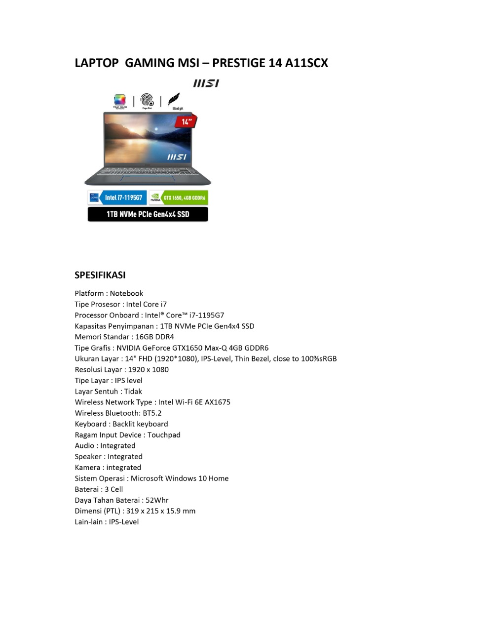 LAPTOP MSI PRESTIGE 14 A11SCX