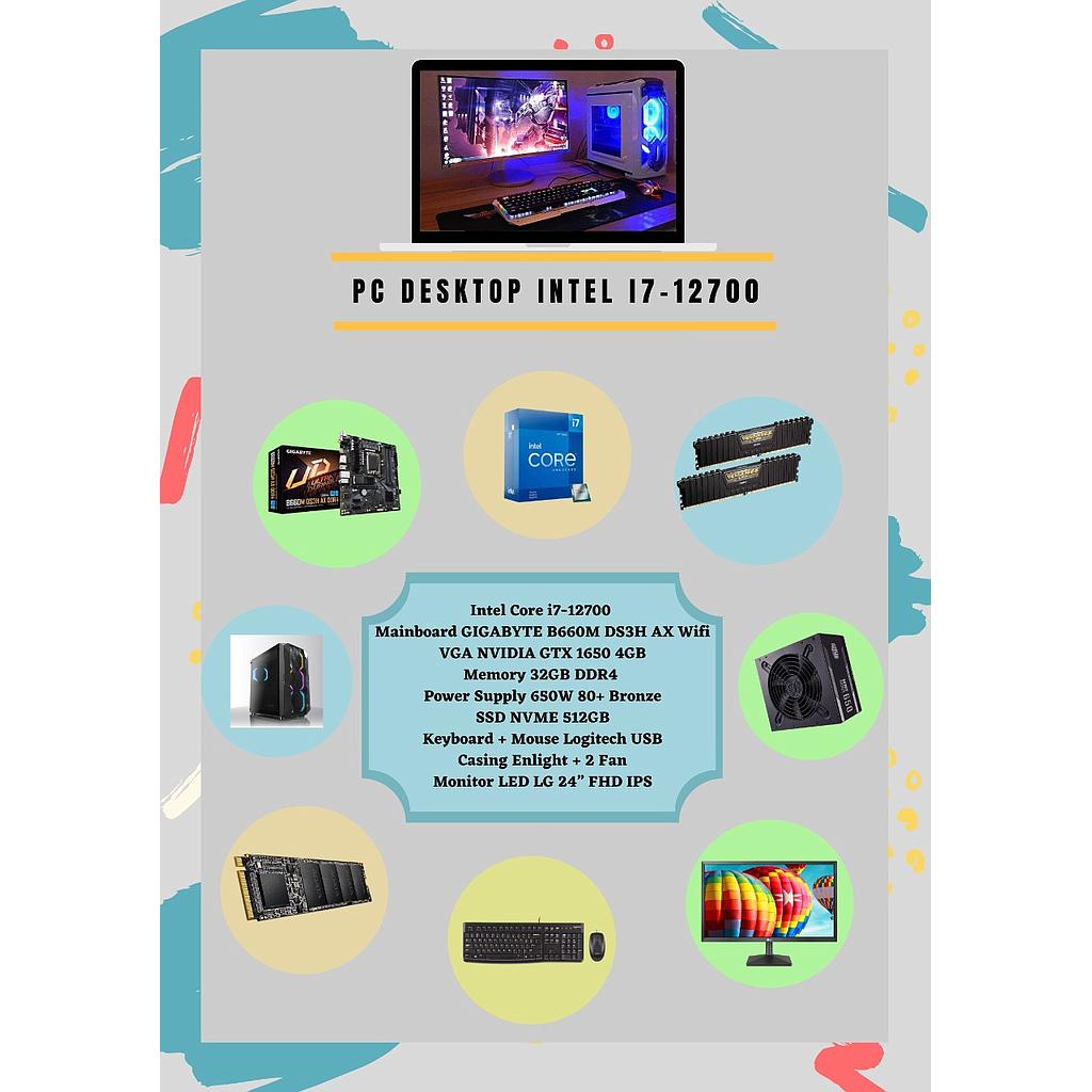 PC Desktop Intel Core i7-12700 Gen12 (MB GA-B760M-DS3H AX/32GB/VGA GTX1650 4GB/SSD 512GB/Monitor 24inch/Keyboard+Mouse)