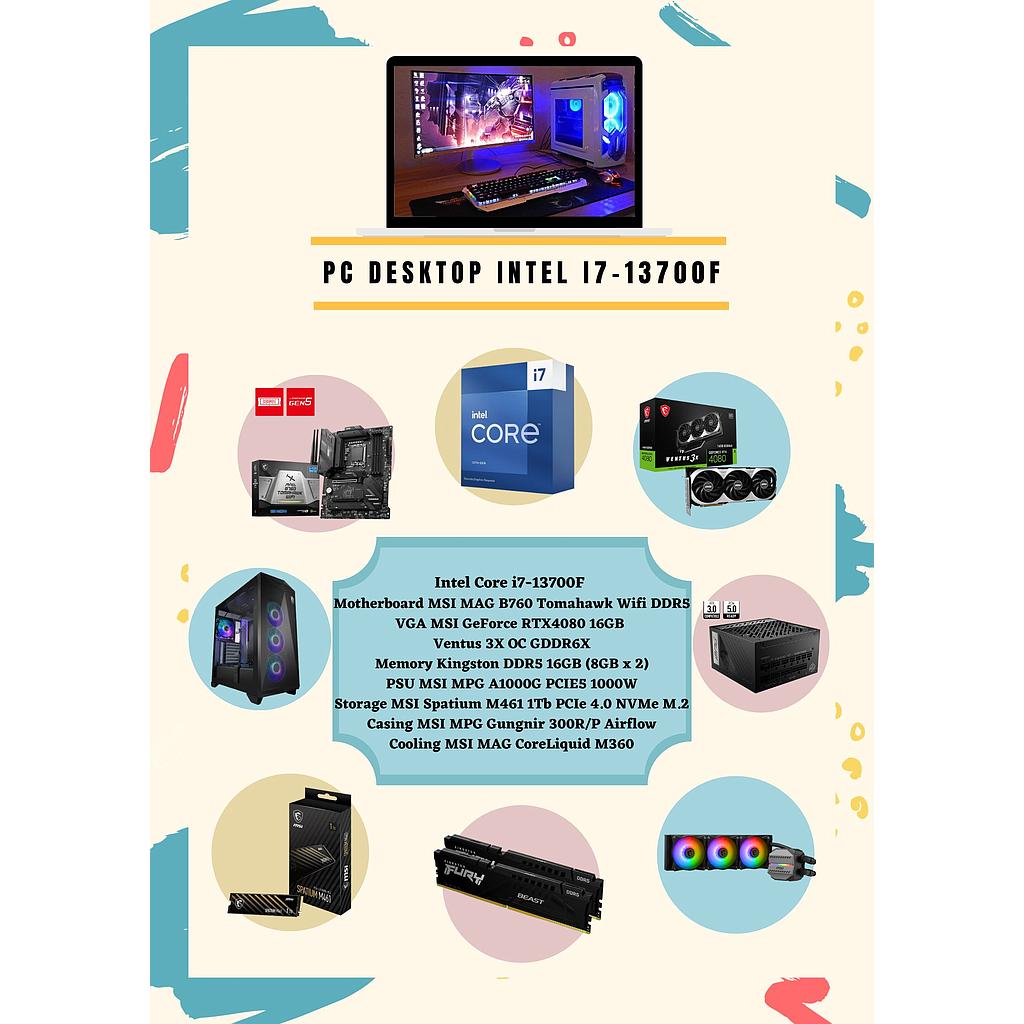 PC Intel i7-13700F (MSI MAG B760 Tomahawk Wifi/16GB DDR5/SSD 1 TB/PSU 1000W/MAG CoreLiquid/RTX4080 16GB/Casing Gungnir 300R/P Airflow)
