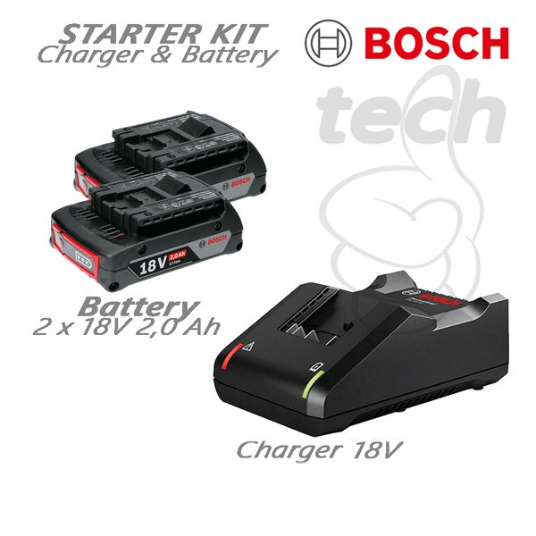 (N-218) Bosch Starter Kit Charger GAL 18V-40 + 2 Baterai Cordless GBA 18 V 2.0AH