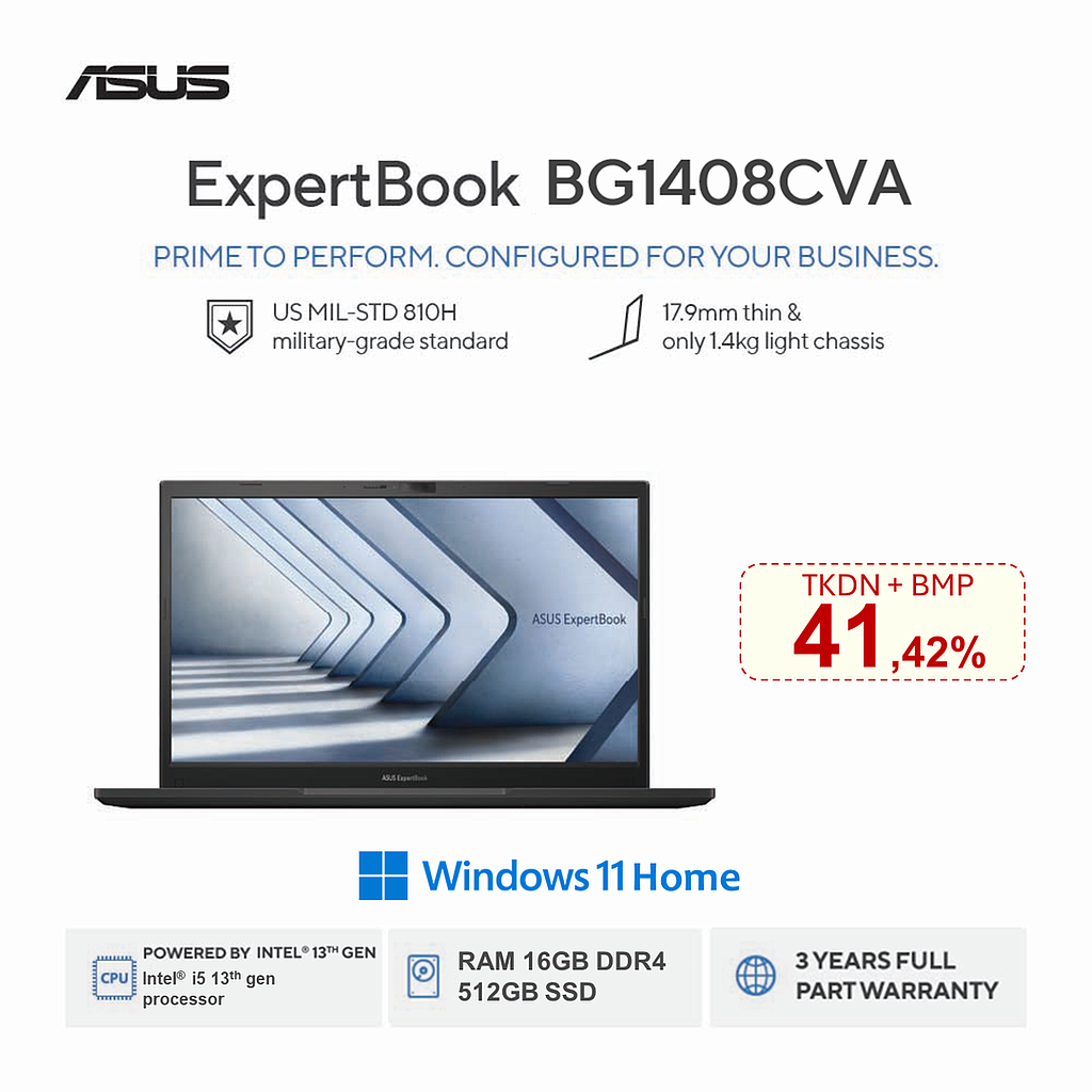 Asus Expertbook BG1408CVA-EB7150W (Intel Core i7-1355U/16GB/512GB/Intel UHD/14&quot; FHD/Win11/TKDN = 29.85%)