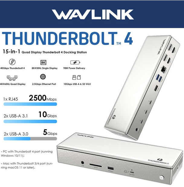 Display Docking Station Wavlink Thunderbolt 4 15 in 1 USB C Hub (non TKDN)